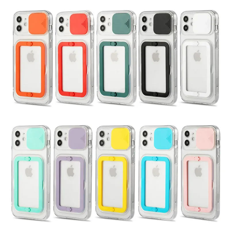 Push pull Slide Camera Lens Protection Cases Transparent Clear Shockproof Square Buckle Stand Holder For iPhone 13 12 11 Pro MAX 8 7 Plus