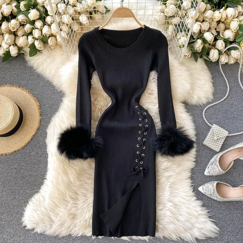 Knitted Dress 2022 Autumn And Winter Design Sense Furry Long-sleeved Tie-up Waist Hips Slim Bottoming Black Casual Dresses