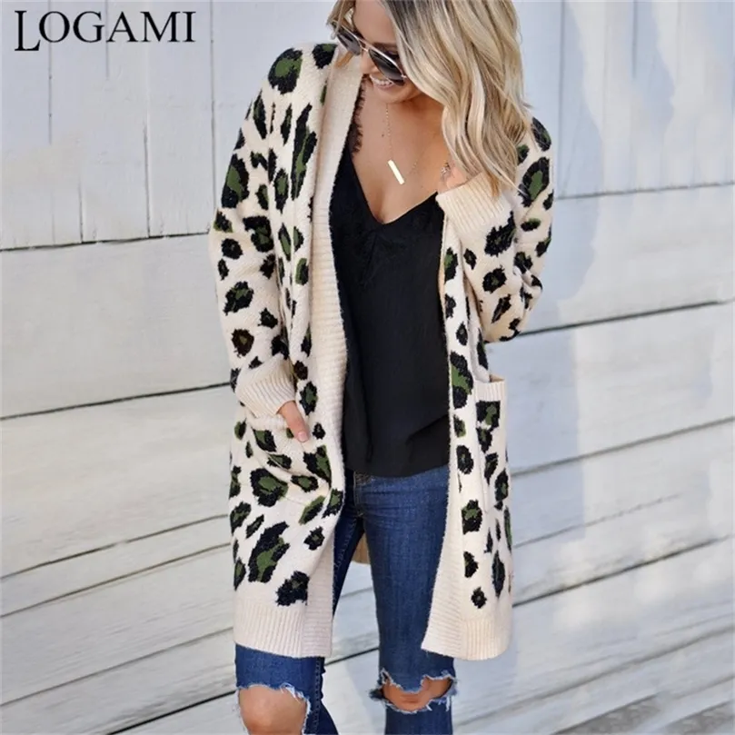 Logami Long Leopard Cardigan Damskie Jesienne Zimowe Swetery Sweters Fashion Women Long Płaszcz 20124