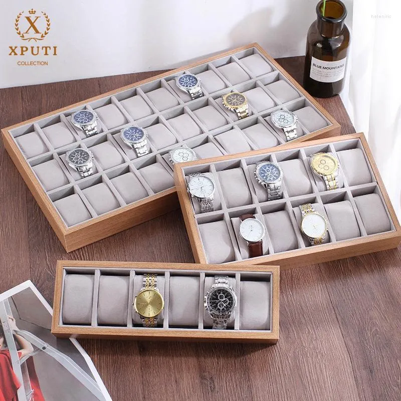 Смотреть коробки коробки корпус коробка 2/12/24/30 Grids Grids Wood Display Organizer Organizer Open Jewelry Multifuntio Giftwatch Hele22