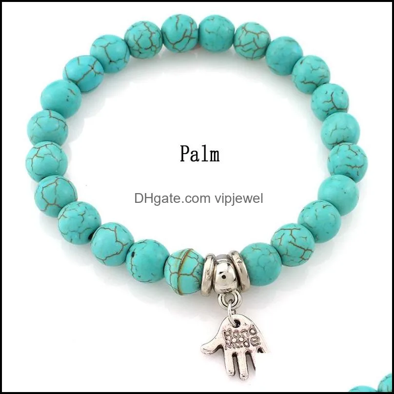 Fashion Turquoise beads bracelets Tree Owl  Cross palm Charm Bracelets For man women Jewelry Accessories