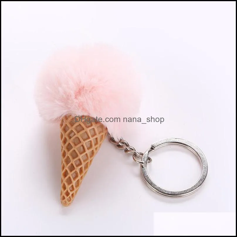 Ice Cream Keychain Soft Artificial Rex Rabbit Hair Ball Keyring Furry Pom Acrylic Key Ring Women Shoulder Bag Car Pendant Gift