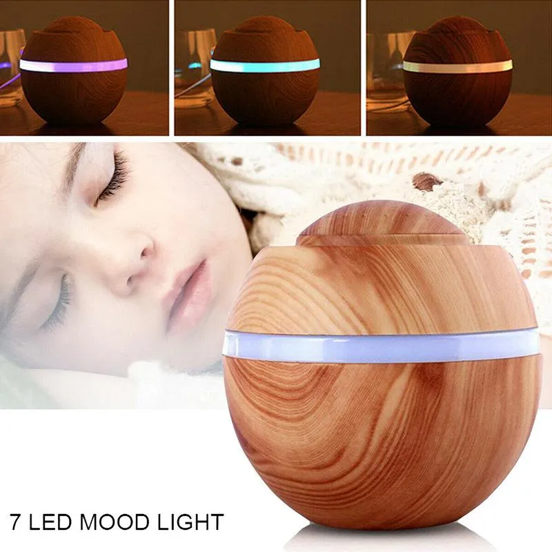Nattljus Säker trämönster luftfuktare 500 ml ultraljud aroma diffusor 7 färger ljus med muttight ljusnatt