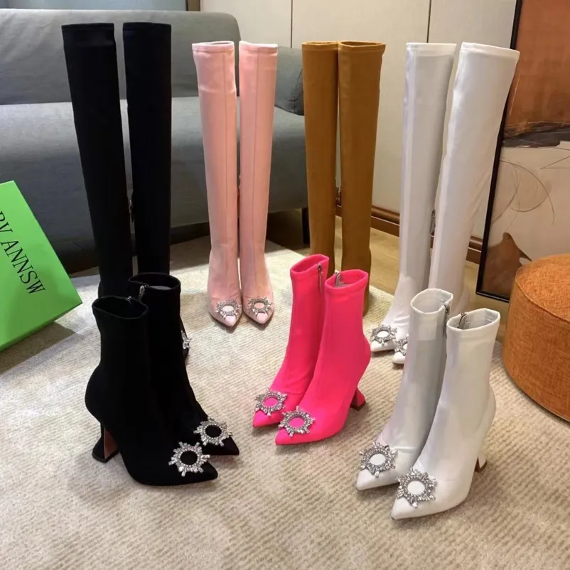 Botas de diseñador Amina tacones sobre la rodilla botas de desierto muadi negro punta puntiaguda mujeres botas de tacón de herradura cristal radiante tamaño us4-11 NO389