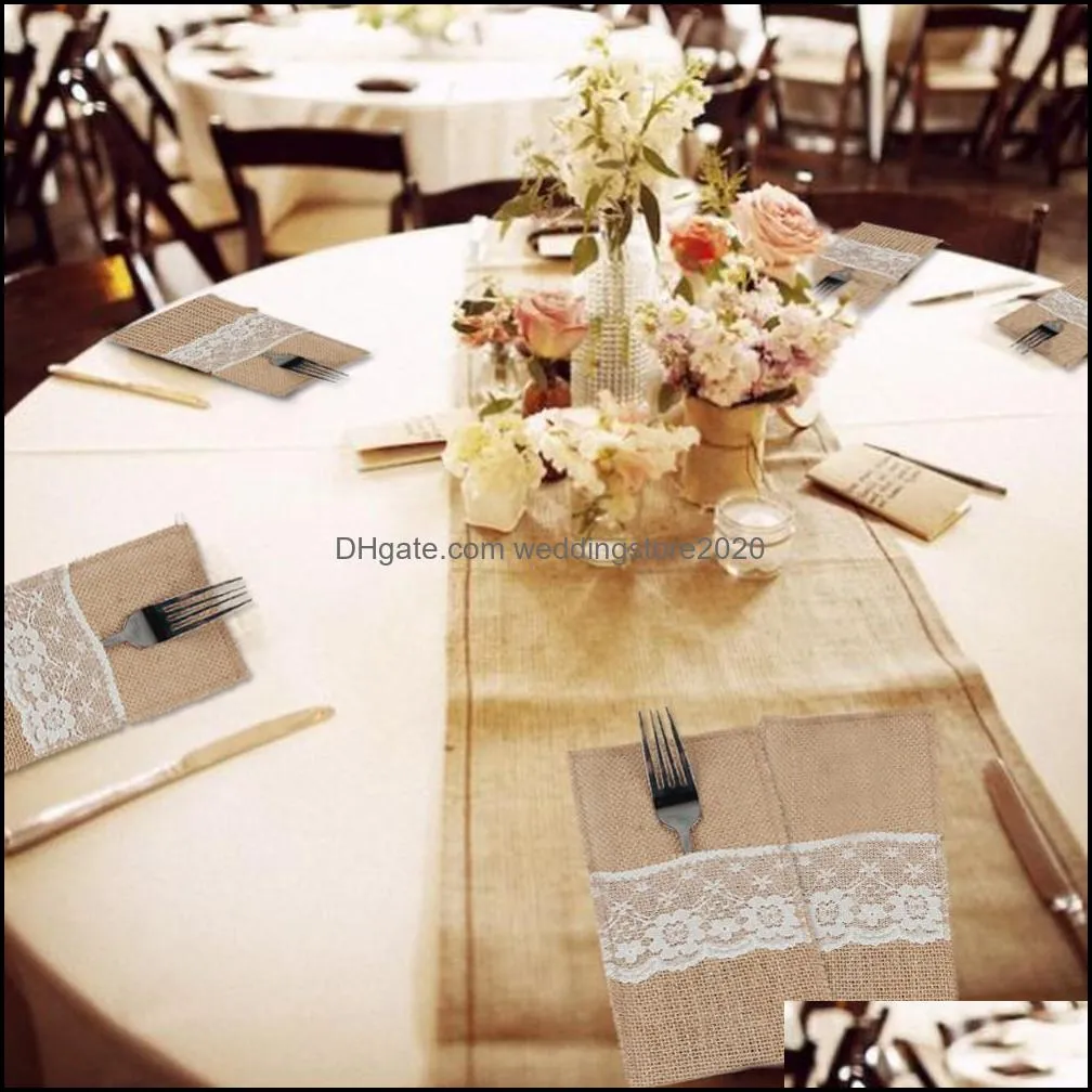 Vintage Shabby Chic Jute Burlap Lace Tableware Fork Knife Burlap Holder Cutlery Pocket Wedding Table Decoration free shiping