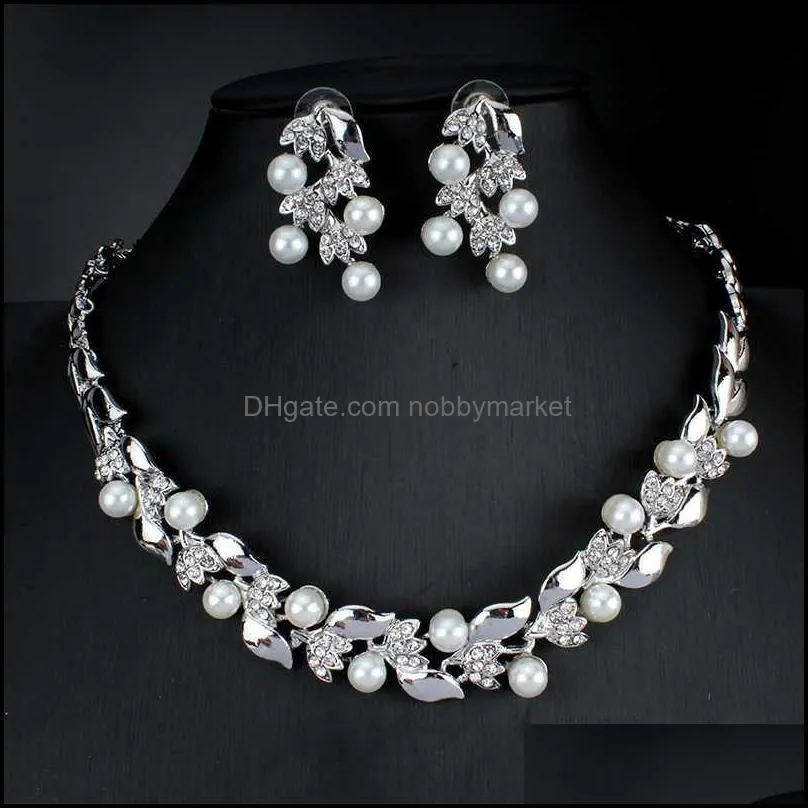 Imitation Pearl Necklace Earrings Dubai Wedding Jewelry Set for Women Dresses Accessories Gold Colors