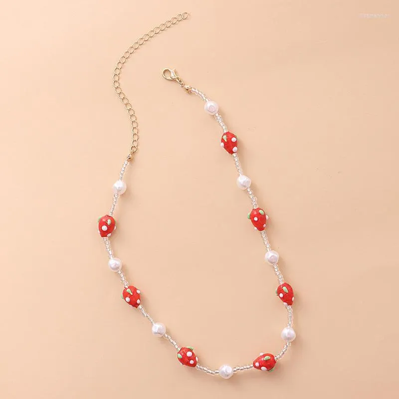 Chokers Origin Summer Sweet Sweet Stained Glass Red Strawberry Necklace For Women Simulation Pearl Round Bead Jewelry LLIS22