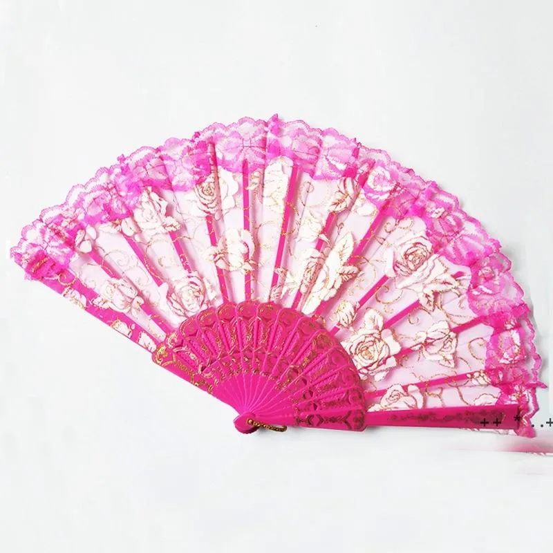 Dentelle Danse Fan Show Artisanat Ventilateurs Pliants Rose Fleur Conception En Plastique Cadre Soie Main Ventilateur BBE13670