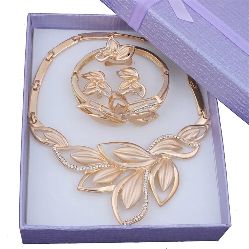 NEUE Afrikanische Perlen Schmuck Set Gold Farbe Klar Österreichischen Kristall Frauen Hochzeit Halskette Armband Ohrring Ring 201222