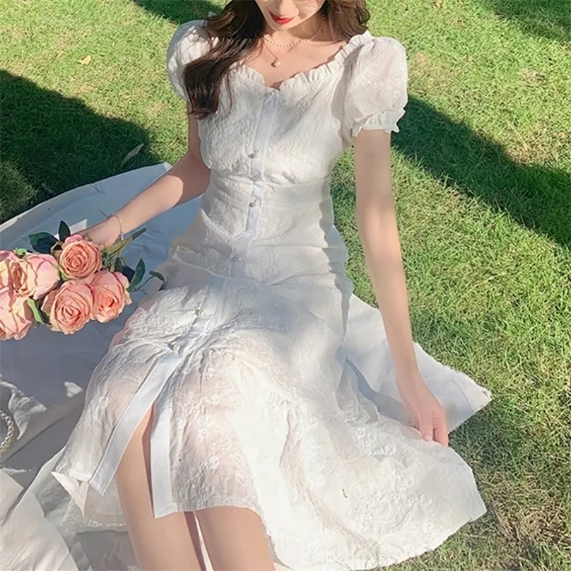 Yaz beyaz zarif midi dres kısa kollu vingate çiçek elbise kadın akşam parti temel elbise Korean 220526