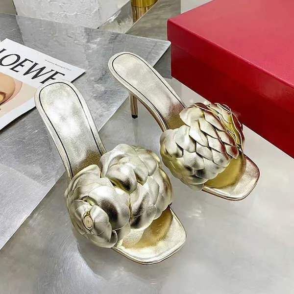 women 03 Rose Edition metallic nappa slide sandal Leather Heels Women Atelier Designer Dress Wedding Shoes Sexy shoes 3D Rose heel Sandals