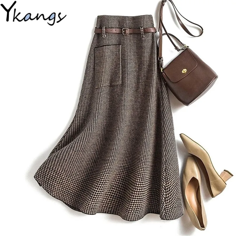 Office Ladies Vintage Houndstooth Wool Design A-Line Skirt Women Autumn Winter Wild Fashion Slim Casual Female Korean 220317