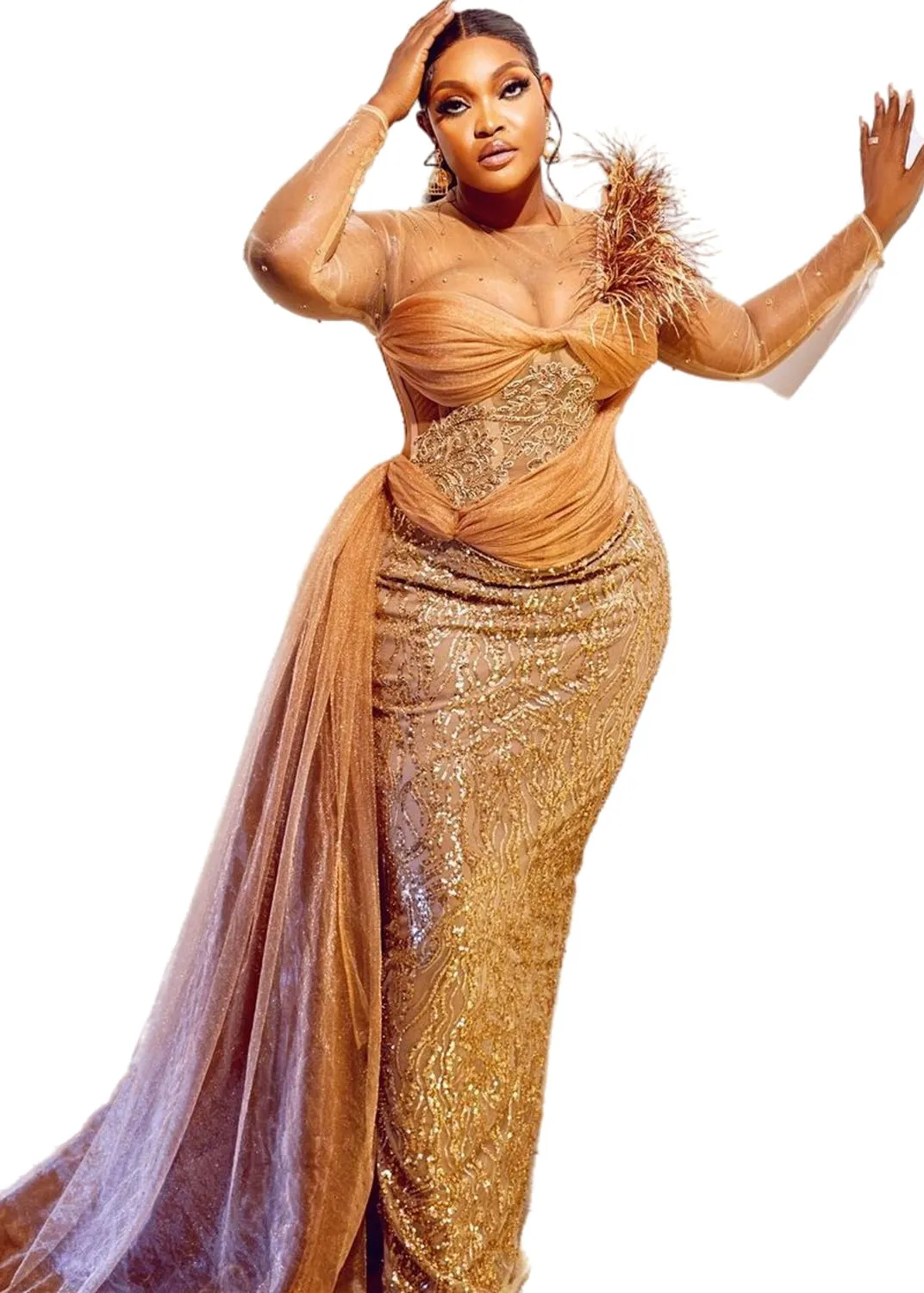 Aso ebi 2022 árabe plus size bainha de ouro brilhante vestidos de baile de renda de renda de renda de renda formal em segunda recepção vestidos de noivado de aniversário ZJ446