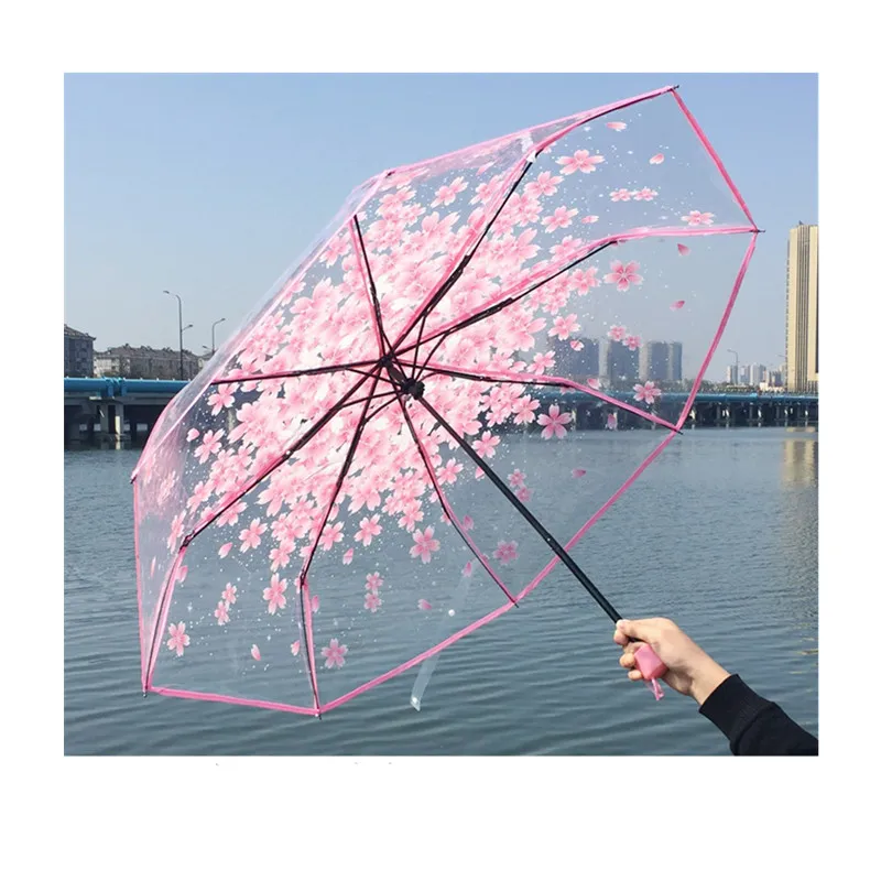 Moda à prova de uv sol transparente guarda-chuva flor de cerejeira três dobram guarda-chuva semi automático guarda-chuvas longos w0