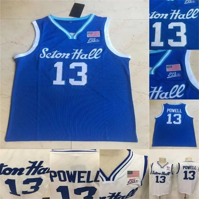 XFLSP 2020 Seton Hall Myles Powell جامعة كلية 13 جيرسي مخيط الفانيلة الأزرق الأبيض 100٪ مخيط كرة السلة رجل جيرسي