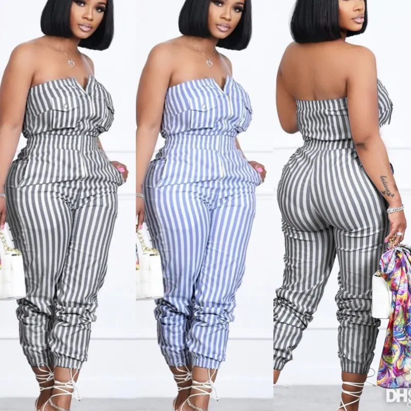 Women Designer Clothing Casual Jumpsuits Striped Strapless Bodysuit Zippered Rompers Pocket