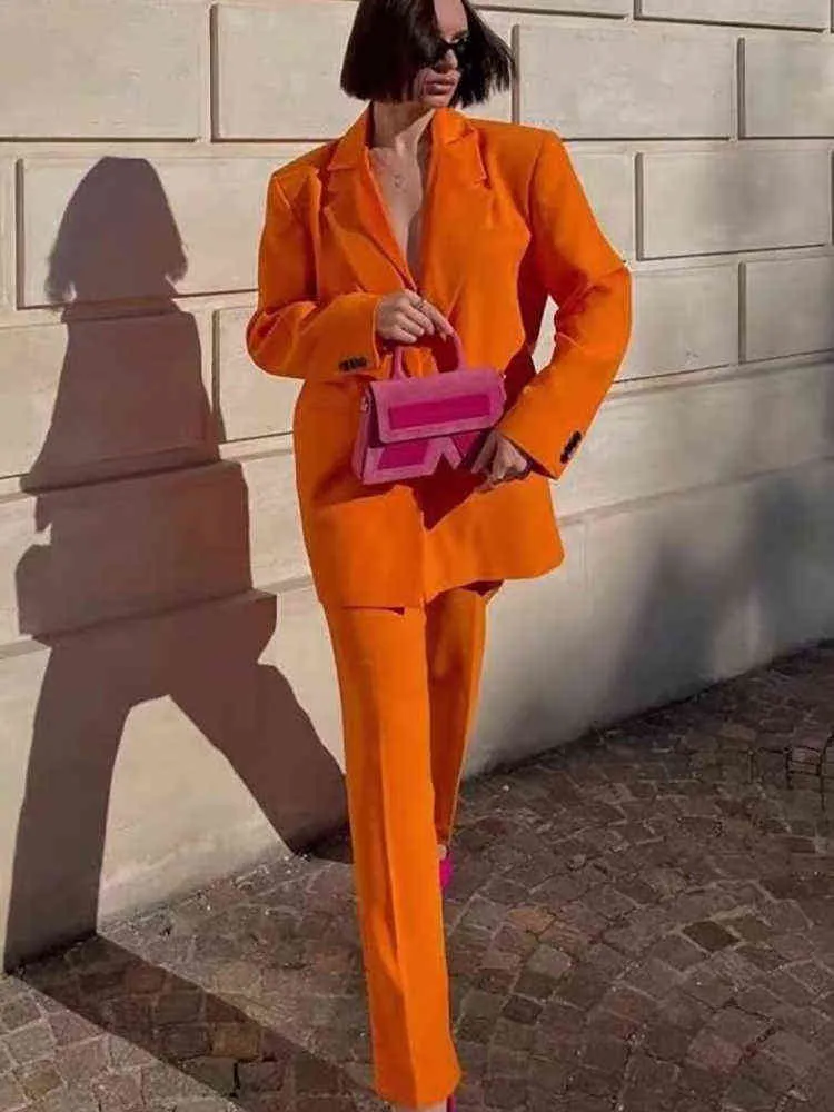 2022 春のファッションの女性オレンジロングスーツピースセット 1 ボタンジャケットレディースカジュアルオフィスブレザーストレートパンツ L220714