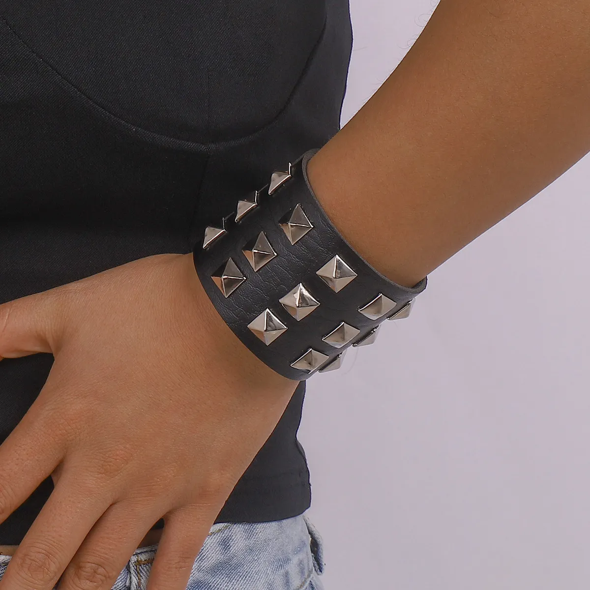 NEW Punk Leather Rivet Bracelet Bangle Hiphop Rock Black Wide PU Bracelets Wristband For Women Men Jewelry