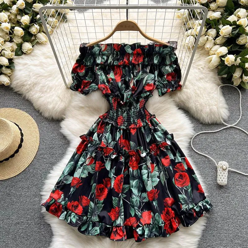 Casual Dresses 2022 Summer Sexy Rose Print Holiday Off Shoulder Elastic Short Sleeve Ruffle Dress Vestidos Elegantes Para Mujer