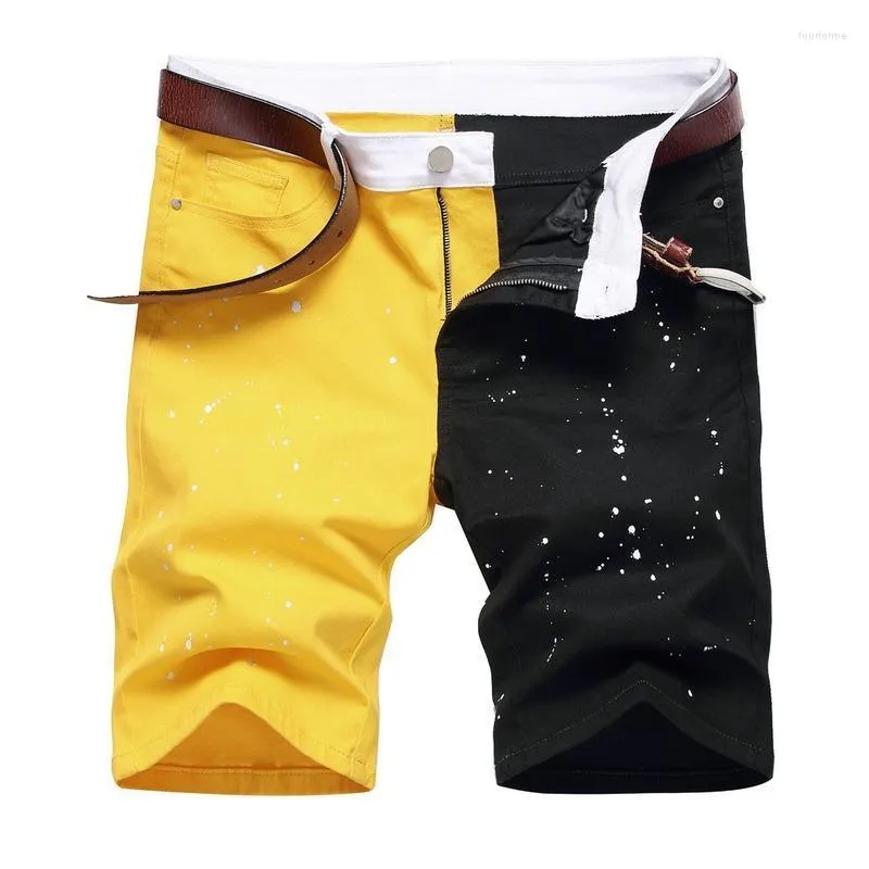 Men's Jeans Men Summer Denim Shorts Y2K Fancy Gradient Red Black Yellow Color Breeches Fashion Holes Ripped Slim Straight No Beltmen's