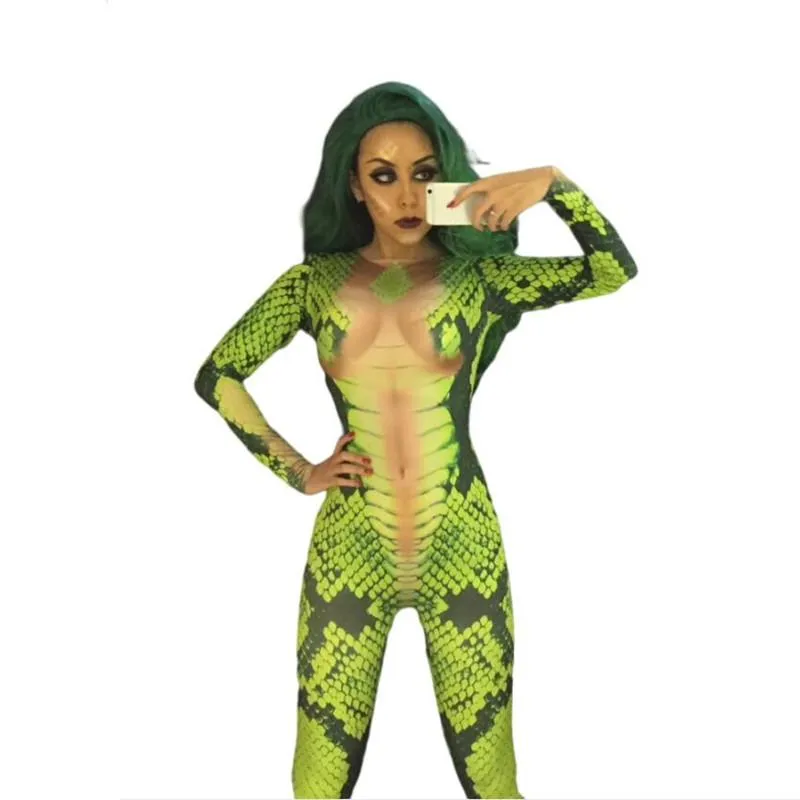 Stage Wear Women Halloween 3D Printed Green Snake For Costume DJ Singers Jumpsuit Bling Bodysuit Celebrate Performance ClothingStage StageSt