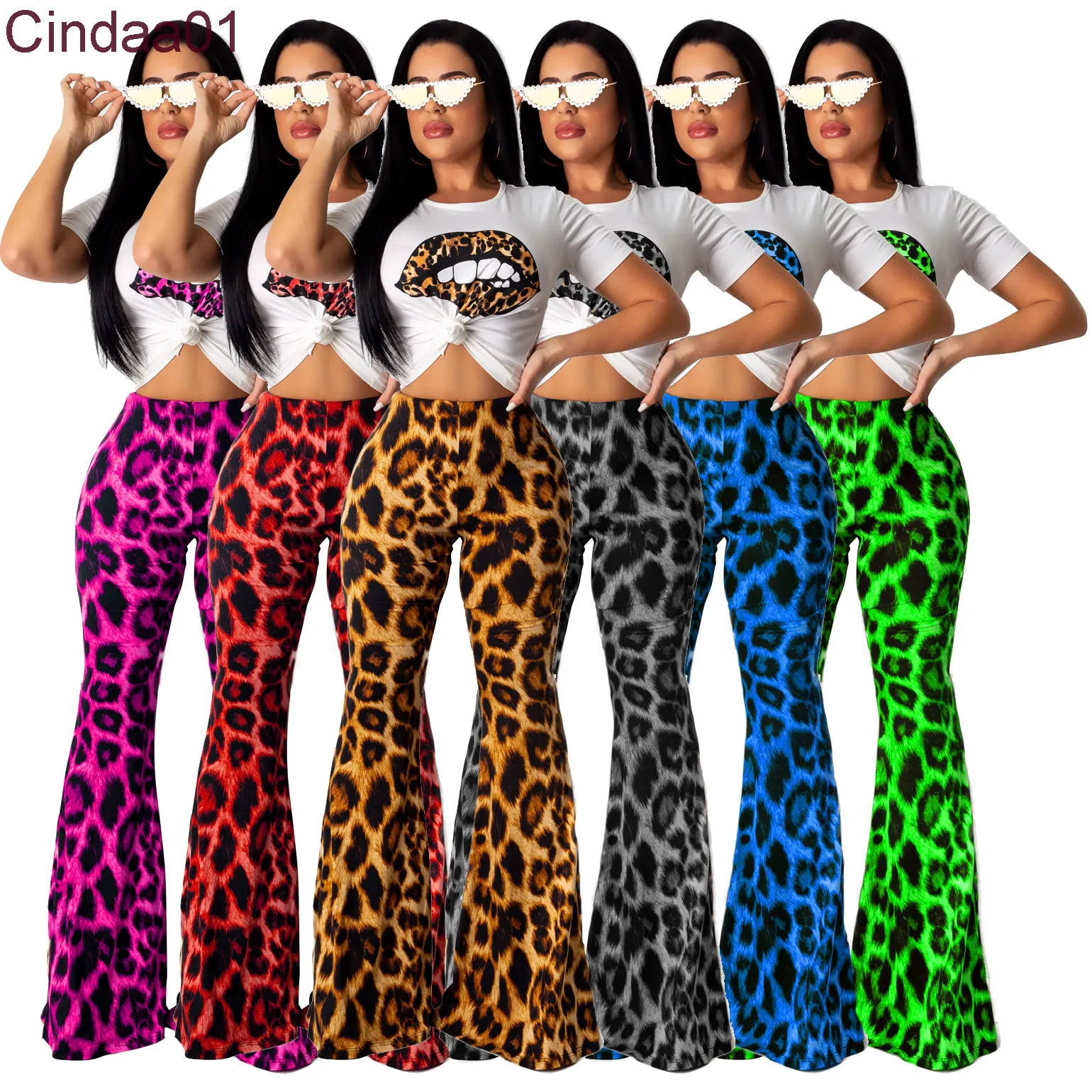 Women Sexy Leopard Print Flared Pants Two Piece Set Bell Bottoms Sportswear Crop Tops Short Sleeve Tee Outfits