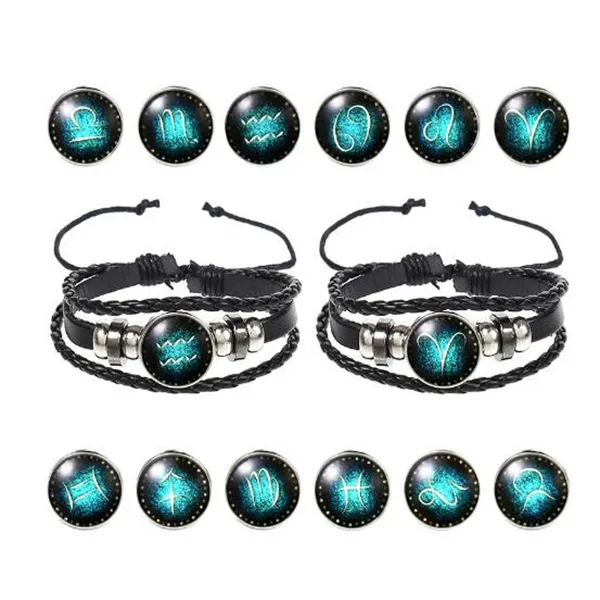 Nueva 12 Constelación Signo del Zodíaco Pulsera de Cuero Trenzado Negro Leo Tauro Géminis Joyería de Cúpula de Vidrio Tejida Hombres Mujeres Pulsera GC1044