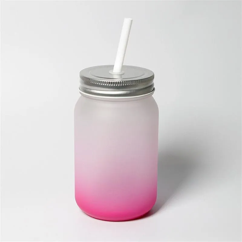 14oz Sublimation Gradient color tumblers Frosted glass mason jar blank Glasses tumbler with handle screw lid 