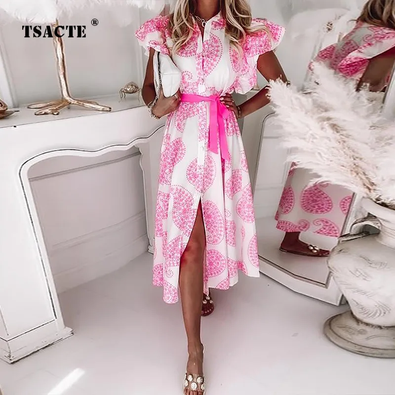 Fashion Ruffle Short Sleeve V Neck Button Impression de jupe midi Bandage Summer Femmes Habille Spring Ladies Elegant Robes 220713