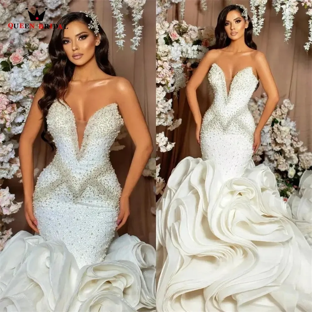 Sexy Mermaid Wedding Dresses Strapless Ruffle Long Train Crystal