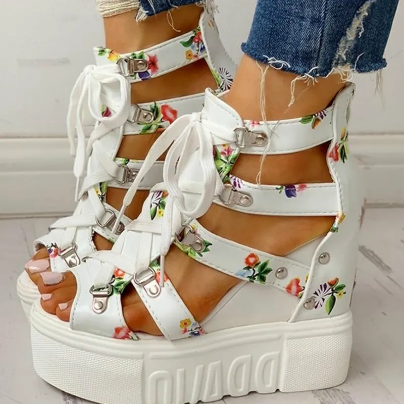 Ins Print Fritid Wedges Kvinnors Skor Sommarskor Kvinnor Sandaler Plattform Shoelaces High Heels Casual Skor Kvinna 220408