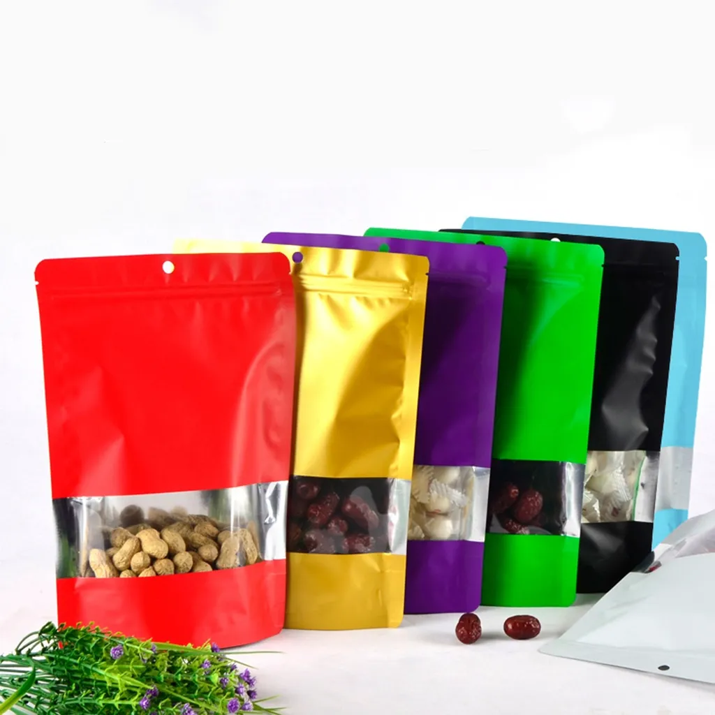 Multiple Sizes Metallic Zip Lock Mylar Foil Standing Pouches Bags with Clear Display Window and Hanger Resealable Food Packing Storage Bags for Candy Cookies