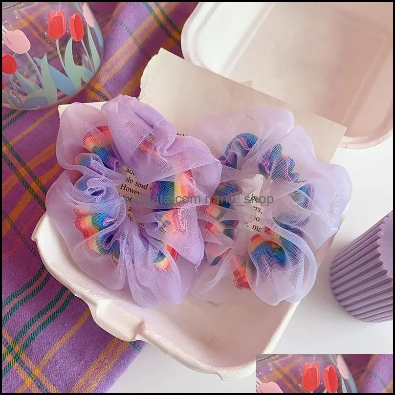 Korean Sweet Women ELastic Hair Bands Lace Rainbow Print Hair Ties Rope Girls Mesh Scrunchies Headwear Tulle Hair Accessories