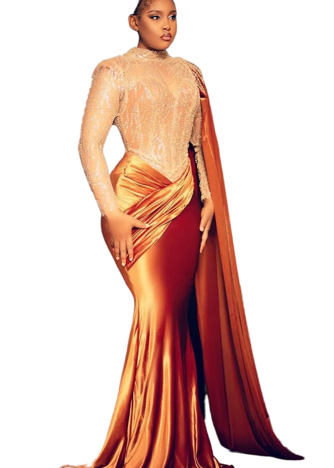 Aso Ebi 2022 Arabic Plus Size Orange Mermaid Sexy Prom Dresses Lace