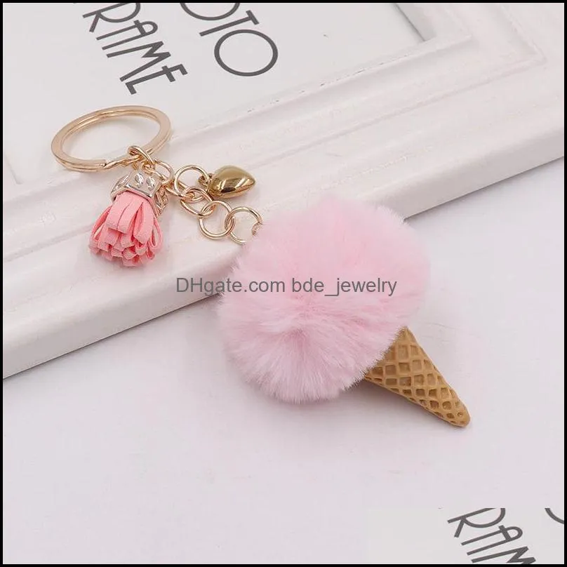 ice cream keychain cute bag cartoon key rings imitation rex rabbit fur plush pendant cone car hair ball bag accessories keychains