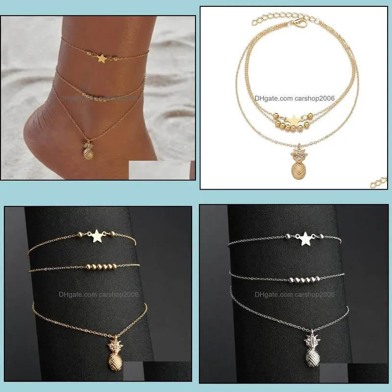 Multilayer Men Women Anklets Jewelry Pineapple Beaded Stars Pendant Ankles Bracelets Alloy Anklet Chain