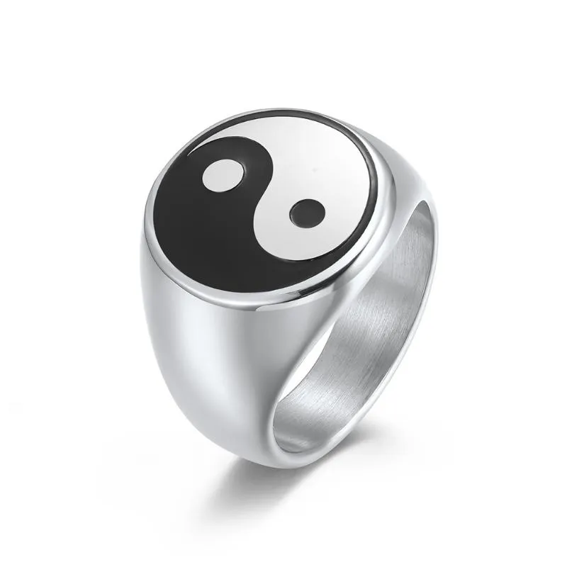 Bröllopsringar kinesisk stil taoism yin yang fisk taiji map titanium stål ring rostfri mäns taoist