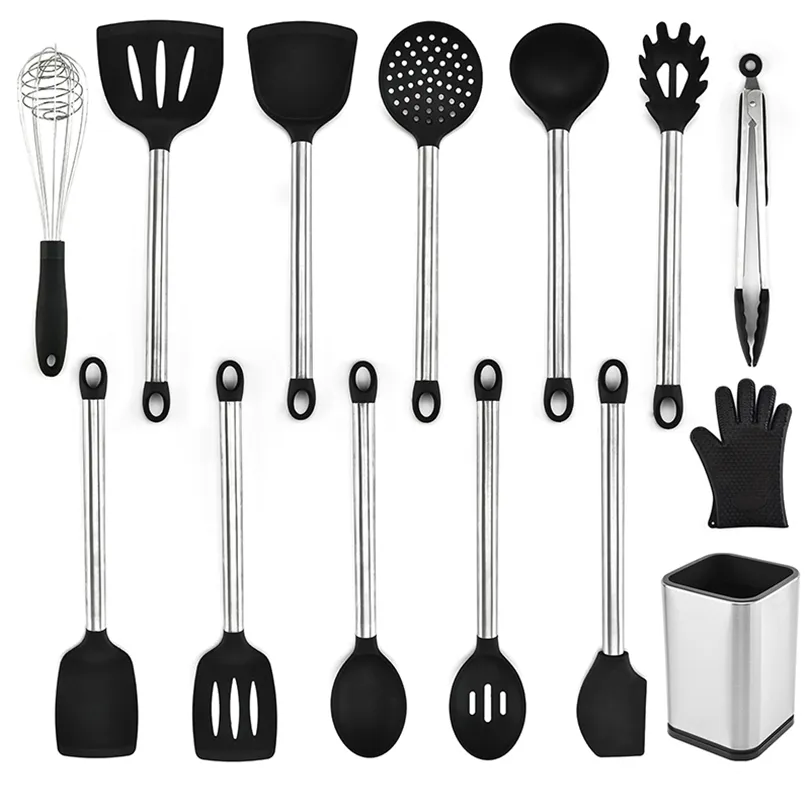 13 adet silikon pişirme mutfak eşyaları set paslanmaz çelik sap turner spatula kaşık maşaları çırpma tencere mutfak aletleri set 210326