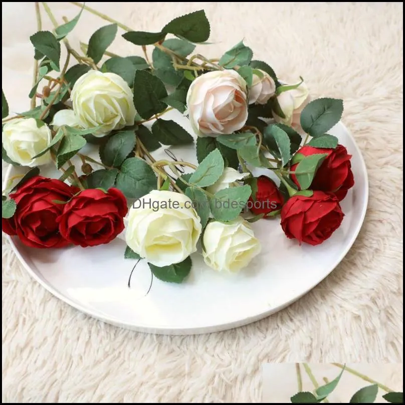 Decorative Flowers Wreaths Festive Party Supplies Home Garden 10Pcs Simation 3 Heads Rose Bud Bouquet Artificial For Wedding Flower Wall B