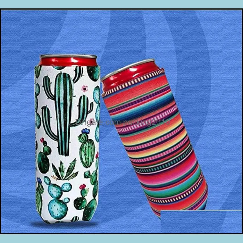 High quality DHL17*8.5cm12OZ outdoor insulated cup set mats canned warmer ultra-thin rubber beverage beer collapsible cola bottle Koozies cactus leopard