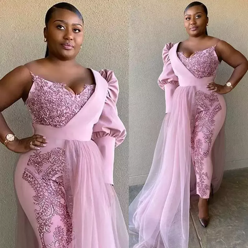 2022 Roze Jumpsuit Mermaid Avondjurken Eén Schouder Lovertjes Applicaties Kant Plus Size Prom Dress Robes de Soirée Afrikaanse Formele Partyjurken