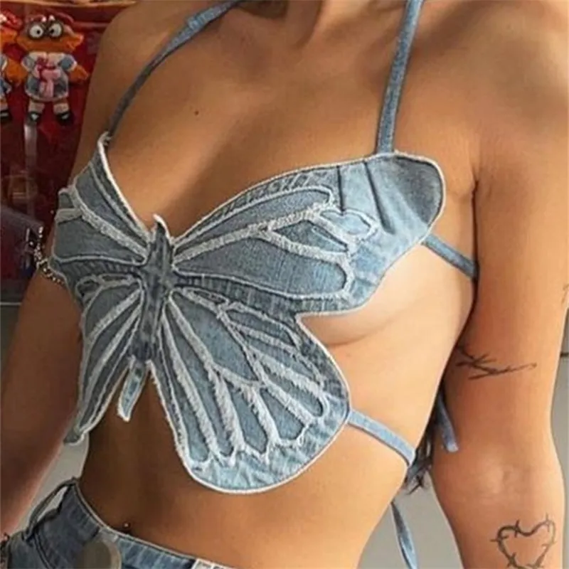 Rapcopter Y2K Butterfly Jeans Crop Top Backless Strap Camis Sexig Blå Gullig Party Sweat Beach Holiday Mini Vest Summer Tee 220407