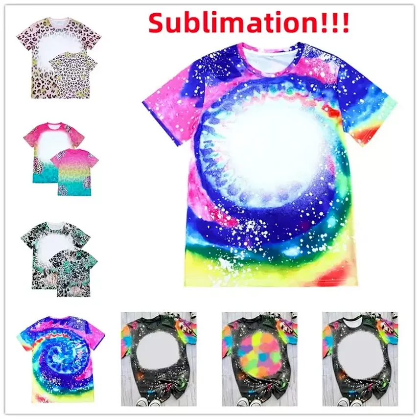 Leopard Print Sublimation Bleached Shirts Heat Transfer Blank Bleach Shirt Bleached Polyester T-Shirts US Men Women Party Supplies colorful sxjun12