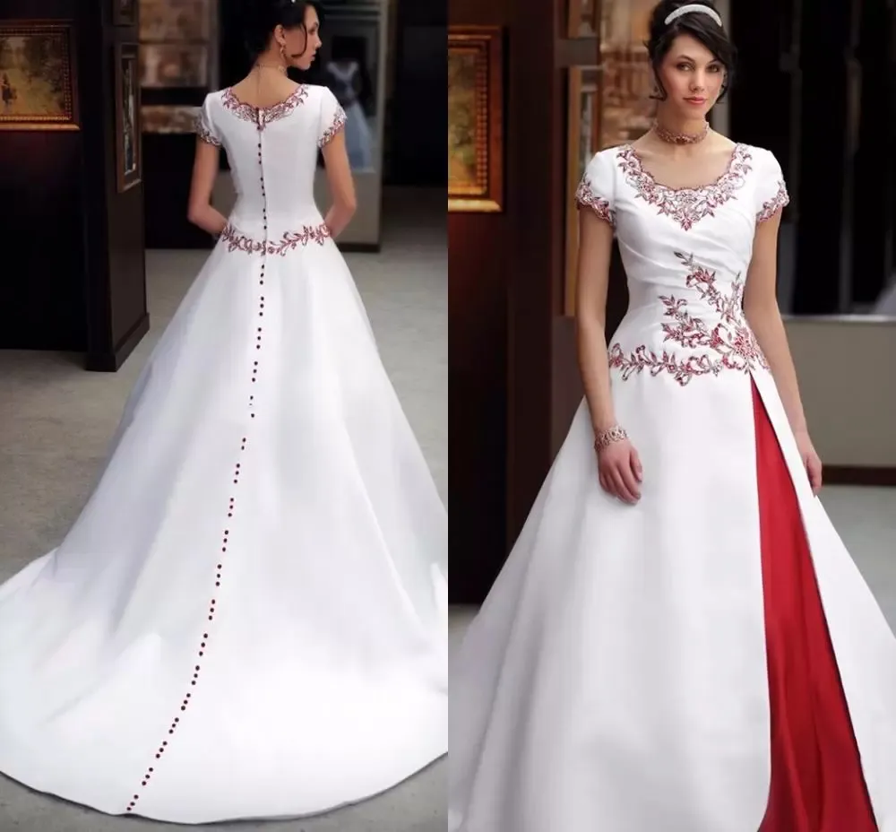 Vintage Lace Embroidered Embroidered Wedding Dress with Cap Sleeves and Court Train - White and Red A-Line Stain Bridal Gown for Country Chapel Brides