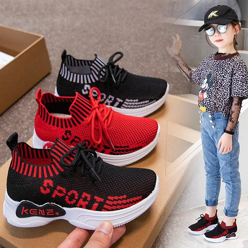 Athletic Outdoor Boys Shoes Kids Autumn Sock 2022 Maglia traspirante Moda sportiva Sneakers rosse solide per ragazze Bambini Unisex CasualAthlet