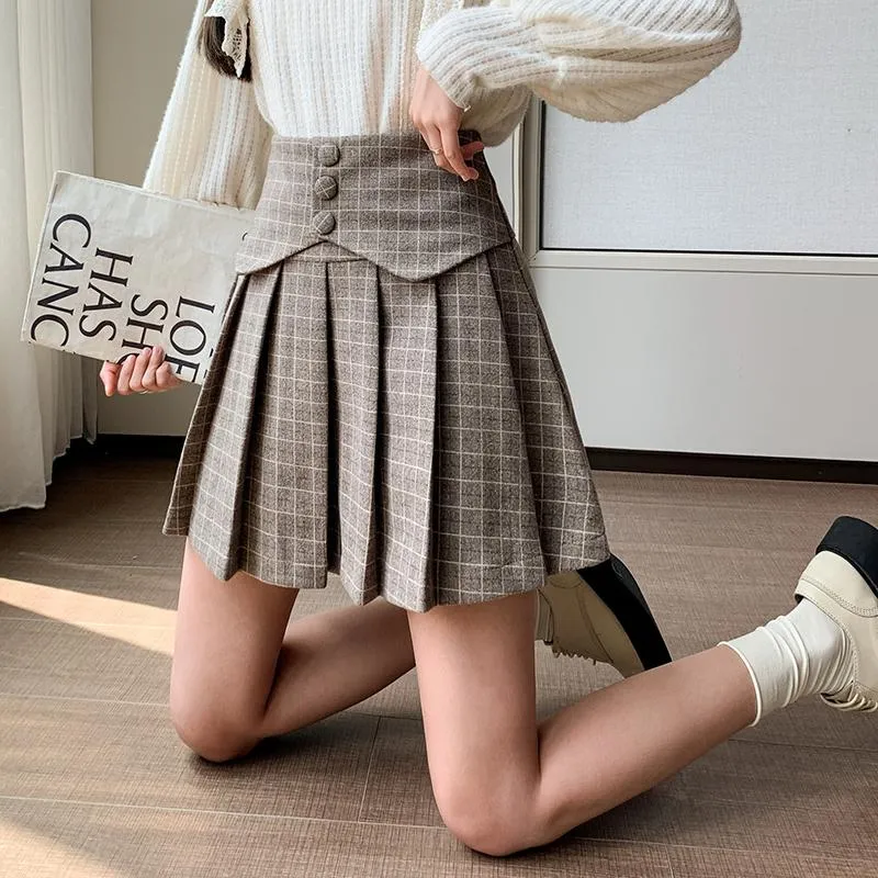 Skirts Winter Woolen Plaid Mini For Women Harajuku Skirt Female Buttons Irregular High Waist Streetwear Pleated Shorts