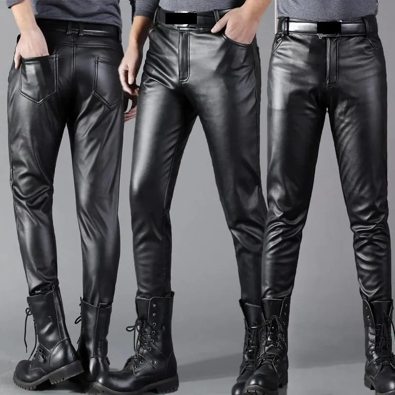 Herrenhose Männer Leder dünne Fit Elasti Mode Pu Hosen Motorrad nassen Look Stretch Faux Streetwearmen's's