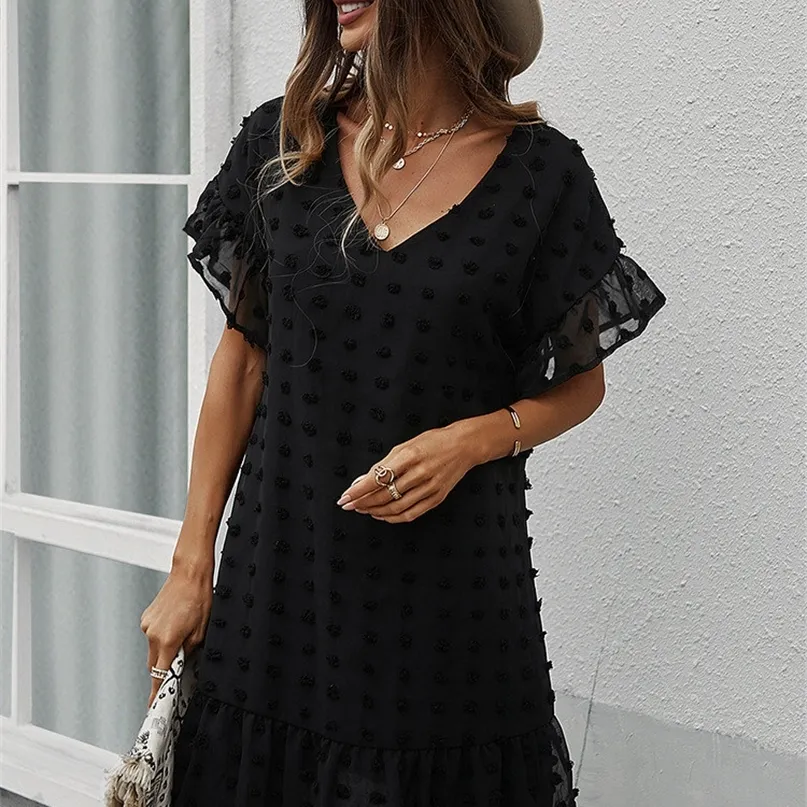 Sexig V Neck Short Dres Casual Solid Hairball Black Dresses For Laddies Spring Summer Semester Style Dress 220509