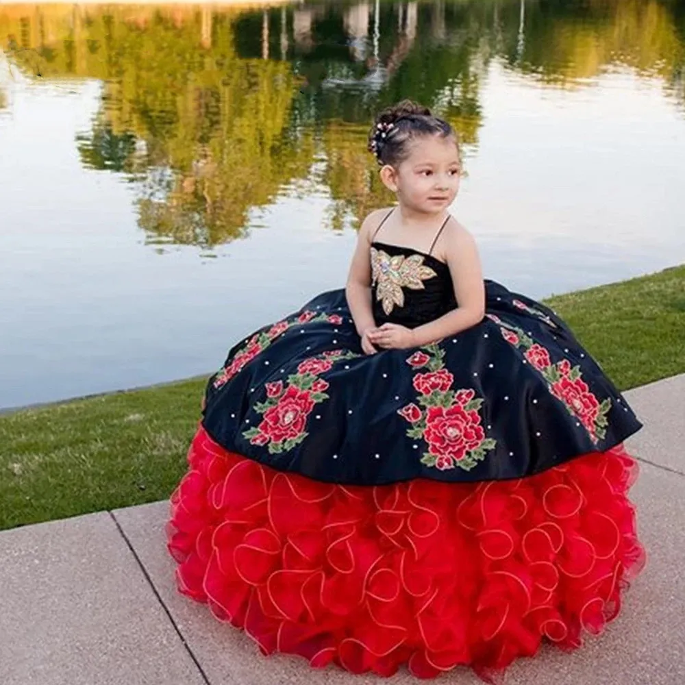 Veet Cute Children Black Princess Embroidery Crystal Beauty Ball Gown Puffy Flower Girl Birthday Dress for Photography