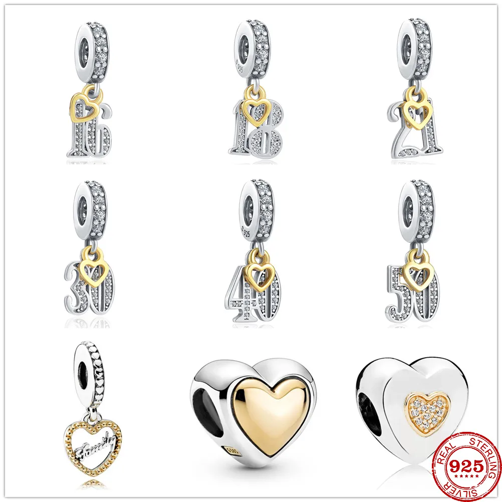 Contas pendentes de prata 925 pendentes 16 18 21 30 40 50 pingente digital contas coração fit pandora charms pulseira faça você mesmo acessórios para joias